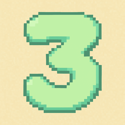 A pixel art number "3" designed for a cozy, cute retro 2D game UI with a bird theme. The number is rendered in soft pastel light green tones to harmonize with the gentle and sweet aesthetic of the game. It has a clean, simple, and rounded pixel style with no harsh edges, fitting perfectly within the pixel art UI style. The number is bold and easily readable at small sizes..
In-Game asset.  2d.  High contrast.  No shadows. pixel art. retro. 2d ui. number. pastel light green. simple. rounded edges. bold. cute. minimal