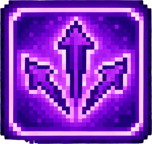 Pixel art of a violet power-up icon with three small arrows or projectiles spreading outward. Represents multishot power in a retro-style game. Glowing, pixelated square icon.
In-Game asset.  2d.  High contrast.  No shadows