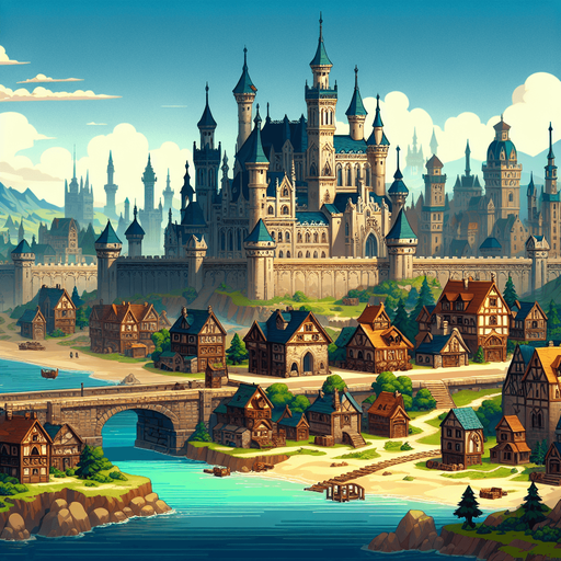 An animated image a medieval city with a castle.
Single Game Texture. In-Game asset. 2d. Blank background. High contrast. No shadows.