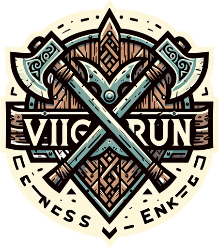 A game logo for a game called 'Endless Viking Run' using norse font on a background of a viking shield and crossed axes. Muted colors..
Single Game Texture. In-Game asset. 2d. Blank background. High contrast. No shadows.