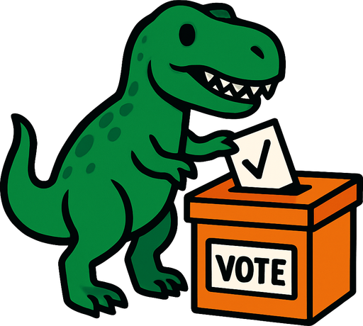 Dinosaurio votando.
In-Game asset.  2d.  High contrast.  No shadows