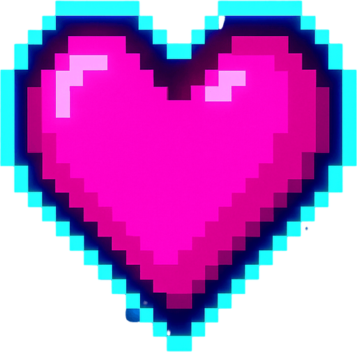 Neon pink heart. Pixel art style. Slight neon blue outer glow.
In-Game asset.  2d.  High contrast.  No shadows