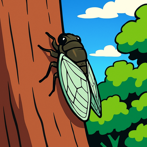 gambar 2d anime cicada hinggap di batang besar lebar pohon.
In-Game asset.  2d.  High contrast.  No shadows