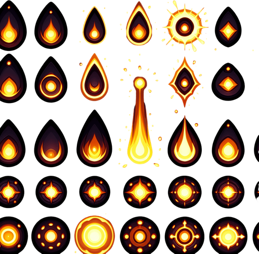 A sprite sheet of energy projectiles. Dark orange projectiles tear shaped with yellow energy core.
Single Game Texture. In-Game asset. 2d. Blank background. High contrast. No shadows.