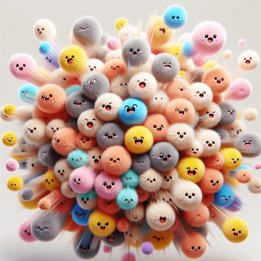 high definition, with lots of soft colorful fluffy fur balls. happy cartoon faces. exploding from middle of screen. No words