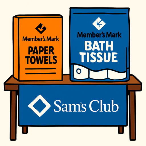 Que tenga un mantel azul  con el logo de sams club, sean menos productos y la mesita sea mas alta, el mantel no llega hasta el suelo, si no hasta a la mitad de la altura y permite ver las patitas de la mesa