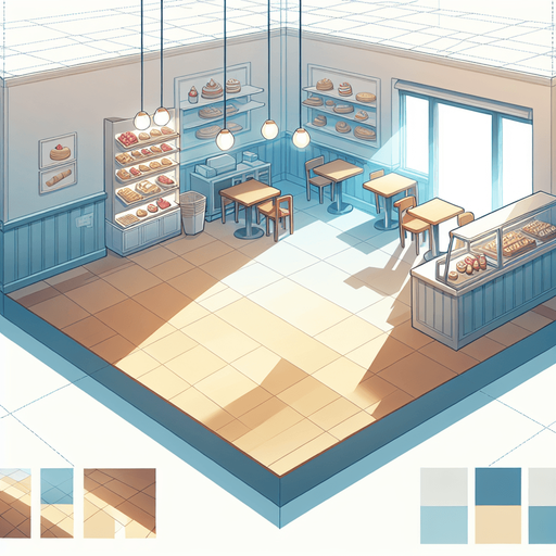 interieure de patiserie vide avec uniquement le sol et les murs.
Single Game Texture. In-Game asset. 2d. Blank background. High contrast. No shadows.