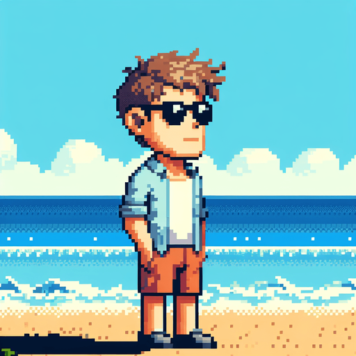 8-bit. Cartoon. Guy the beach. Full body. Looking up. Sunglasses. Worried. In game asset. Single Game Texture. In-Game asset. 2d. Blank background. High contrast. No shadows.