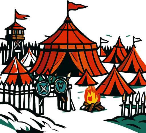 Büyük savaşçı kampı uzaktan görünüm.
In-Game asset.  2d.  High contrast.  No shadows