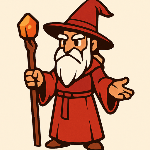 a wizard with a red dress, a hat, a long white beard and his whole body.
In-Game asset.  2d.  High contrast.  No shadows