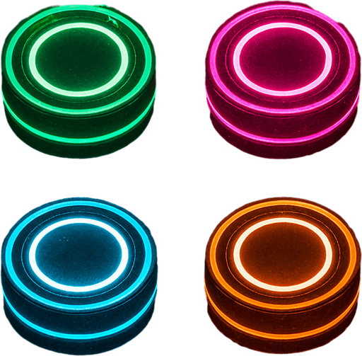 make it neon cyberpunk style, make one green, one pink, one light blue, and one orange, add a white circle in the middle of each