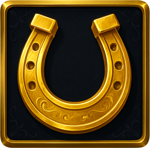 Crea un asset visual completo para el símbolo 'F' de Megaways: una Herradura Dorada, directamente sobre su panel de fondo.

Diseño General:

Forma: Un panel cuadrado o ligeramente redondeado.

Fondo del Panel: Terciopelo oscuro (negro o azul noche) o un metal pulido muy oscuro.

Borde: Un borde elegante dorado o plateado alrededor del panel.

Detalles del Fondo: Puede tener un patrón sutil de filigrana de casino en las esquinas del panel.

Símbolo Central (la Herradura):

Una herradura clásica, de color dorado brillante y con un acabado metálico, posicionada centralmente.

Puede tener pequeños detalles grabados o incrustaciones sutiles..
In-Game asset.  2d.  High contrast.  No shadows