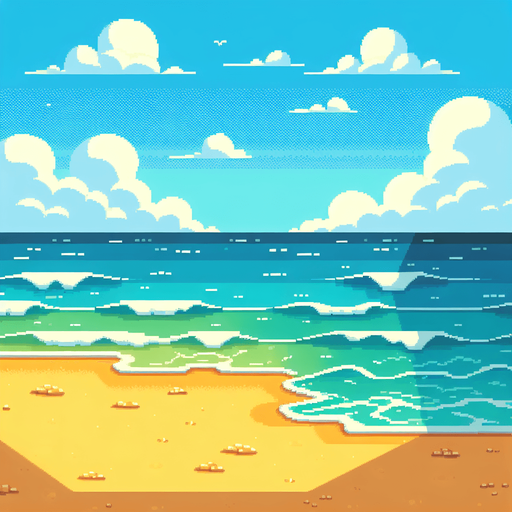 pixelart cartoon beach background for a mobile screen..
Single Game Texture. In-Game asset. 2d. Blank background. High contrast. No shadows.
