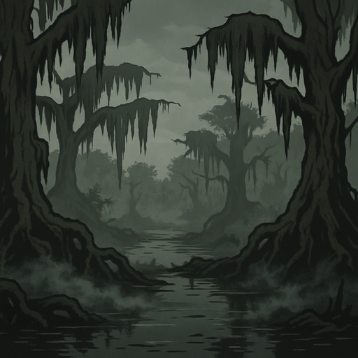 A gloomy medieval swamp with moss-draped trees, murky water reflecting a grey sky, eerie fog drifting over twisted roots, dark fantasy mood, realistic.
In-Game asset.  2d.  High contrast.  No shadows
