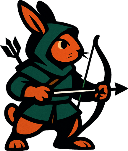 conejo con archo y flecha mirando hacia la derecha y capucha tiene.
In-Game asset.  2d.  High contrast.  No shadows