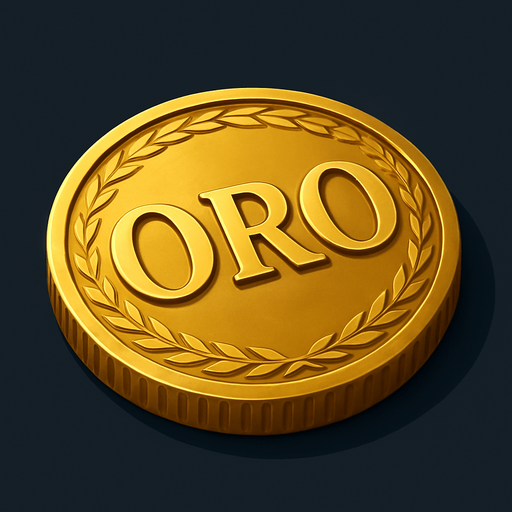 High-resolution digital illustration of a single gold coin lying flat, embossed in the center with the word ‘ORO’ in bold, elegant capital letters. The coin features a finely detailed rim pattern (e.g. laurel wreath or rope motif), a polished metallic surface with realistic reflections and highlights, and a slight bevel on the edges. Dramatic side lighting casts soft shadows, set against a dark gradient background for contrast. Rendered in a semi-realistic 3D style.
In-Game asset.  2d.  High contrast.  No shadows