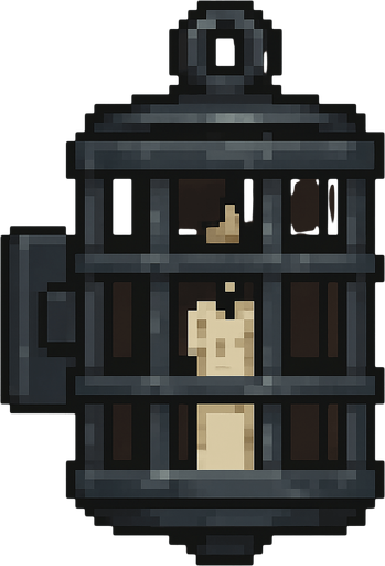 A unlit metal cage sconce like you find on a dungeon wall. White candle inside. Pixel art..
In-Game asset.  2d.  High contrast.  No shadows