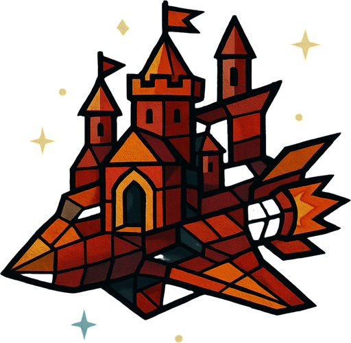 Ortaçağ tarzında bir uzay gemisi çiz ve çizim tarzıda kübizm olsun.
In-Game asset.  2d.  High contrast.  No shadows