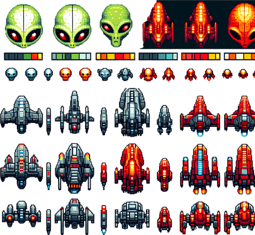full color fron alien spaceship pack enemiy spacechip pack, frontal view.
vibrant colors Single Game Texture. In-Game asset. 2d. Blank background. High contrast. No shadows. 100px x 50px vertical