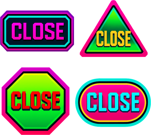 Close buttons random shapes & have text 'Close'. HD colors. Cyberpunk. Abstract. Different colors.
In-Game asset.  2d.  High contrast.  No shadows