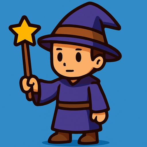 Mago con sombrero morado y marrón sin barba con varita con estrella, de cuerpo entero.
In-Game asset.  2d.  High contrast.  No shadows