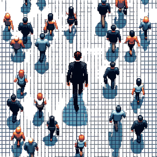Directly overhead, plumb view of a business man heading top (we see his back). walinkg. empty hands..
Zenith view, directly overhead, plumb view. NOT PERSPECTIVE!. Pixel art