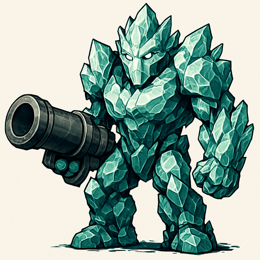 un golem de cristal muy realista con un cañon en la mano.
In-Game asset.  2d.  High contrast.  No shadows