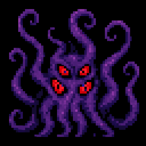 Purple tentacles pixel art and red eyes 2d.
In-Game asset.  2d.  High contrast.  No shadows