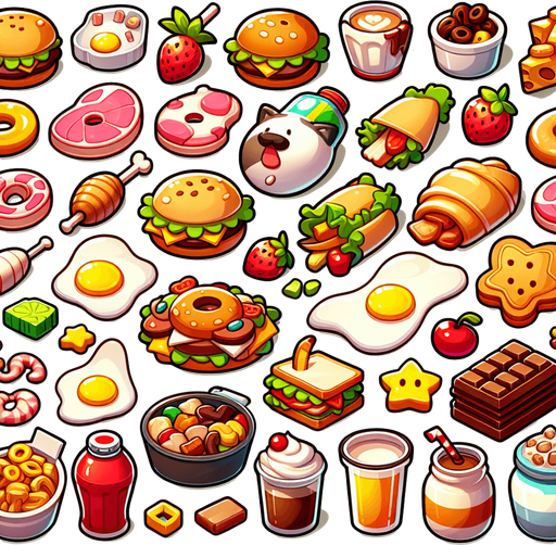 cartoon food.
Single Game Texture.  In-Game asset.  2d.  Blank background.  High contrast.  No shadows