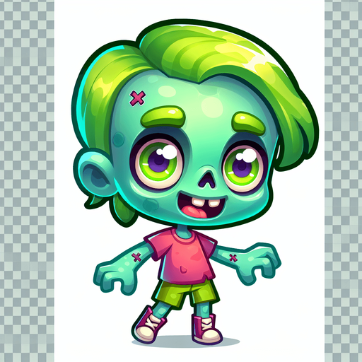 zombi karakteri tasarla animasyon ve çizgi filim olsun çocuksu olsun.
Single Game Texture.  In-Game asset.  2d.  Blank background.  High contrast.  No shadows