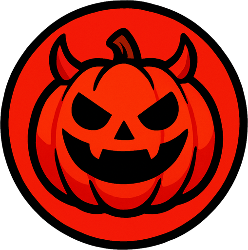 yuvarlak bir çerçevenin içerisinde şeytan kulaklı gülümseyen balkabağı kırmızı.
In-Game asset.  2d.  High contrast.  No shadows