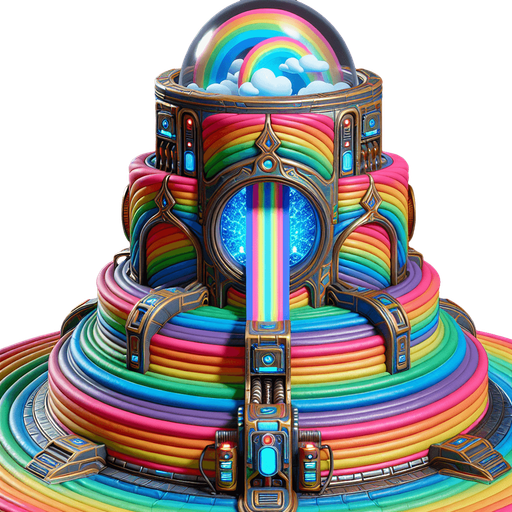 Vue de face centrée d'une machine magique en forme de pièce montée arc-en-ciel avec une petite entrée d'alimentation en bas au milieu, un très grand hublot central et un tube transparent dirigé vers le haut..
Single Game Texture.  In-Game asset.  2d.  Blank background.  High contrast.  No shadows