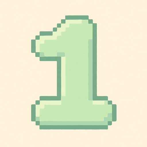 A pixel art number "1" designed for a cozy, cute retro 2D game UI with a bird theme. The number is rendered in soft pastel light green tones to harmonize with the gentle and sweet aesthetic of the game. It has a clean, simple, and rounded pixel style with no harsh edges, fitting perfectly within the pixel art UI style. The number is bold and easily readable at small sizes..
In-Game asset.  2d.  High contrast.  No shadows. pixel art. retro. 2d ui. number. pastel light green. simple. rounded edges. bold. cute. minimal