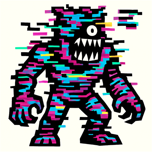 Glitch audio personificado como un enemigo.
In-Game asset.  2d.  High contrast.  No shadows