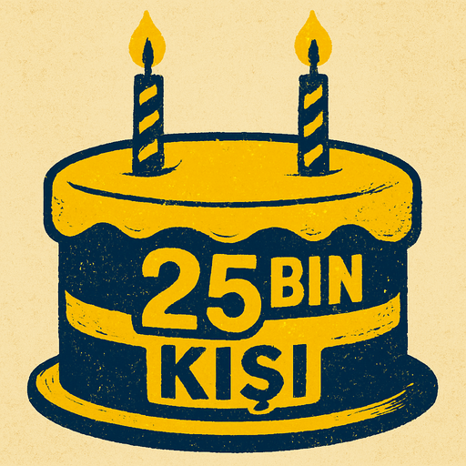 Sarı lacivert bir doğum günü pastası oluştur , 2 tane mumlu . Bu pastanın üstünde "25 Bin Kişi" yazsın . retro temada olsun ..
In-Game asset.  2d.  High contrast.  No shadows