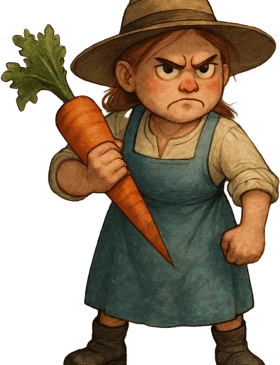 Elinde havuç olan kızgın bir çiftçi.
Karakter ayakkabısı siyah