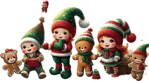 A feerical landscape with santa's house, pines, snow, glowing lights, at night.
In the front, cute elves with gree hats, gingerbread boys, teddy bears, celebrating, but no Santa Clauss in the image. Background image. High contrast. No shadows.