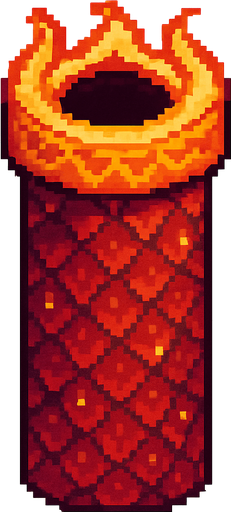 A single vertical top pipe for a 2D pixel art side-scrolling game with classic Flappy Bird hitbox. The pipe is designed with a dragon theme using red, orange, and gold tones. The pipe surface features subtle dragon scale textures and glowing ember details. Around the opening at the top, there is a stylized flame motif to give a mystical fantasy feel. The pipe is viewed from the side with a clear silhouette suitable for gameplay. The style is cute, retro, and fits a pixel art fantasy game..
In-Game asset.  2d.  High contrast.  No shadows. pixel art. side view. retro. fantasy. dragon theme. red. orange. gold. cute. mystical