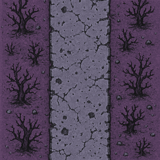 Overhead view of a section of road for an endless vertical shooter. Battle scarred and pitted. High res. degraded biome, dried dead trees and a gray stone pathway
Single Game Texture. In-game asset. 2d. Blank background. High contrast. No shadows. pixel art. purple biom
In-Game asset.  2d.  High contrast.  No shadows, high texture