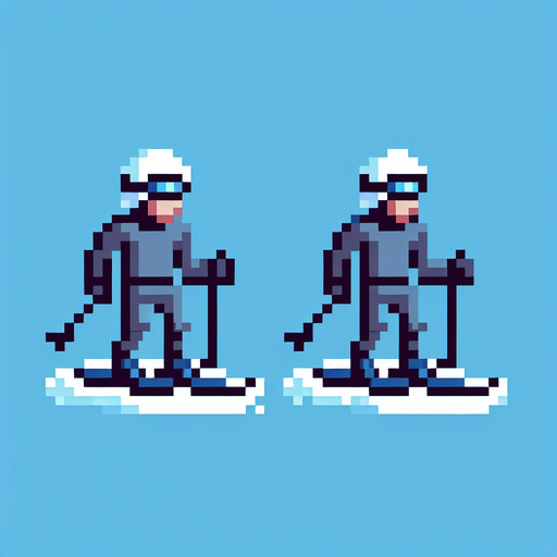 Pixel art of a Skiier. front view. side view..
In-Game asset. 2d. Blank background. High contrast. No shadows.