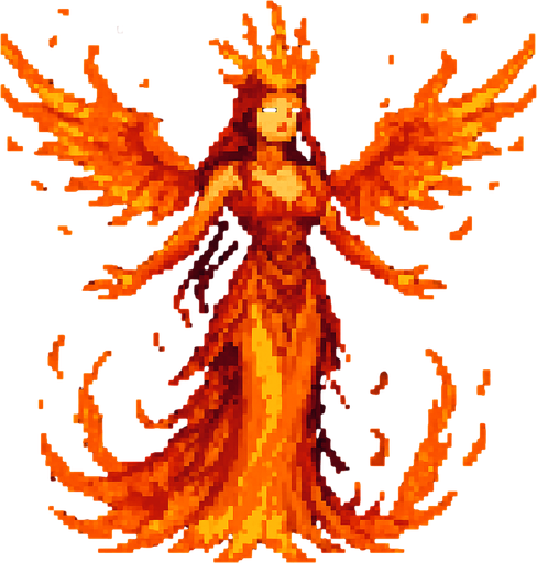 Phoenix woman Dark souls style 2d pixel art.
In-Game asset.  2d.  High contrast.  No shadows