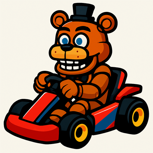 Un oso animatronico en un kart.
In-Game asset.  2d.  High contrast.  No shadows