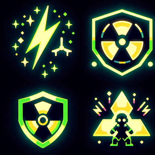 A sprite sheet that has power up icons. Icons include lightning bolt, shield, radioactive symbol and a small soldier. Cyberpunk and using neon glow. Green and yellow highlights. 
Single Game Texture. In-Game asset. 2d. Blank background. High contrast. No shadows.