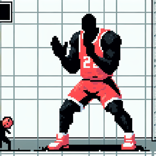 Tall, bulky, black male holding hands up trying to defend a basketball shot. Basketball player is wearing red shorts with a red jersey. The basketball is not present in the image. 8-bit art style..
Single Game Texture. In-Game asset. 2d. Blank background. High contrast. No shadows.