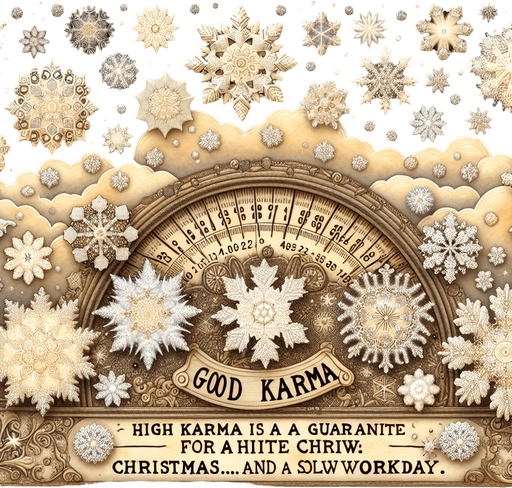 a pergament of many snowflakes in the sky. With a high good Karma Counter. There is the text "high karma is a guarantee for a white christmas... and a slowly workday"
