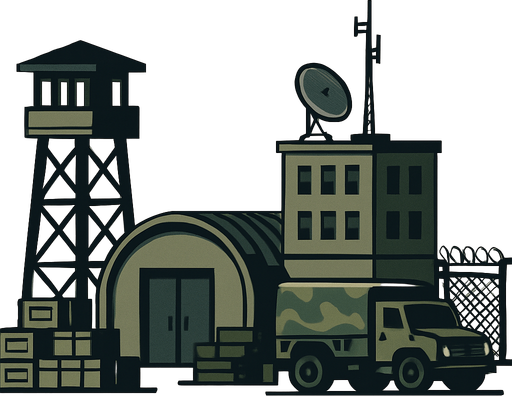 Askeri üs - gerçekçi, yazısız, yandan görünüm.
In-Game asset.  2d.  High contrast.  No shadows