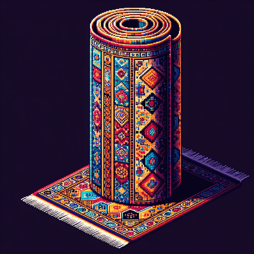 vertically standing rolled up arabic rug.
Retro gaming style