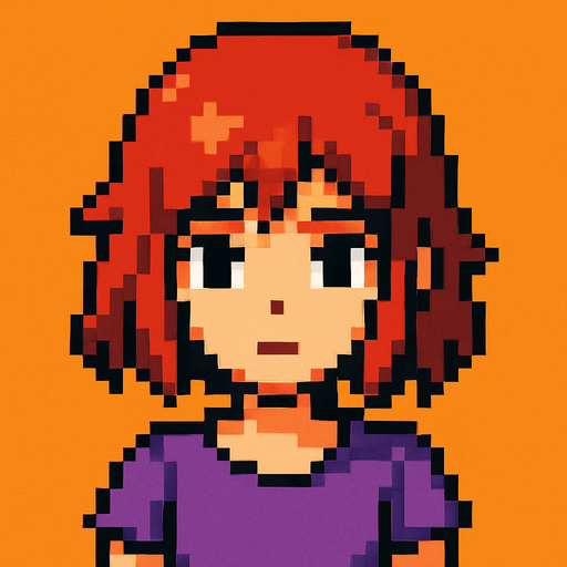 Personaje artística viendo a la cámara pixel art.
In-Game asset.  2d.  High contrast.  No shadows