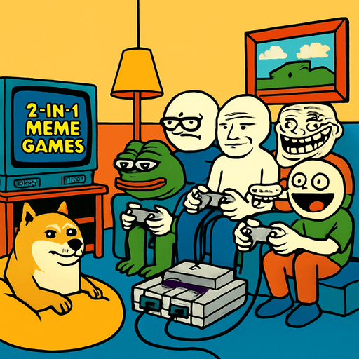 a ’90s-retro living room: bean-bag, Super Nintendo wired to the tube TV, “3-in-1 Meme Games” written  on-screen, while a mix of meme characters crash the couch mashing SNES controllers wired to the super nintendo.
In-Game asset.  2d.  High contrast.  No shadows