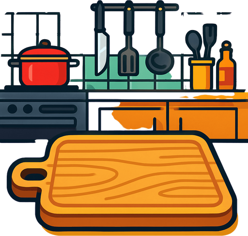 a chopping board with a kitchen background.
In-Game asset.  2d.  High contrast.  No shadows